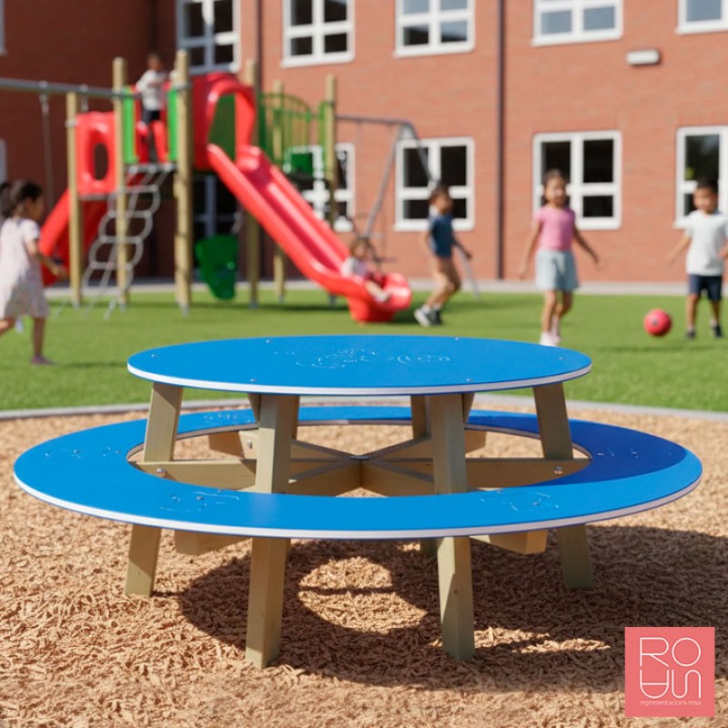 Taula de Pícnic Blava amb Gravats | Mobiliari de Fusta i PEHD